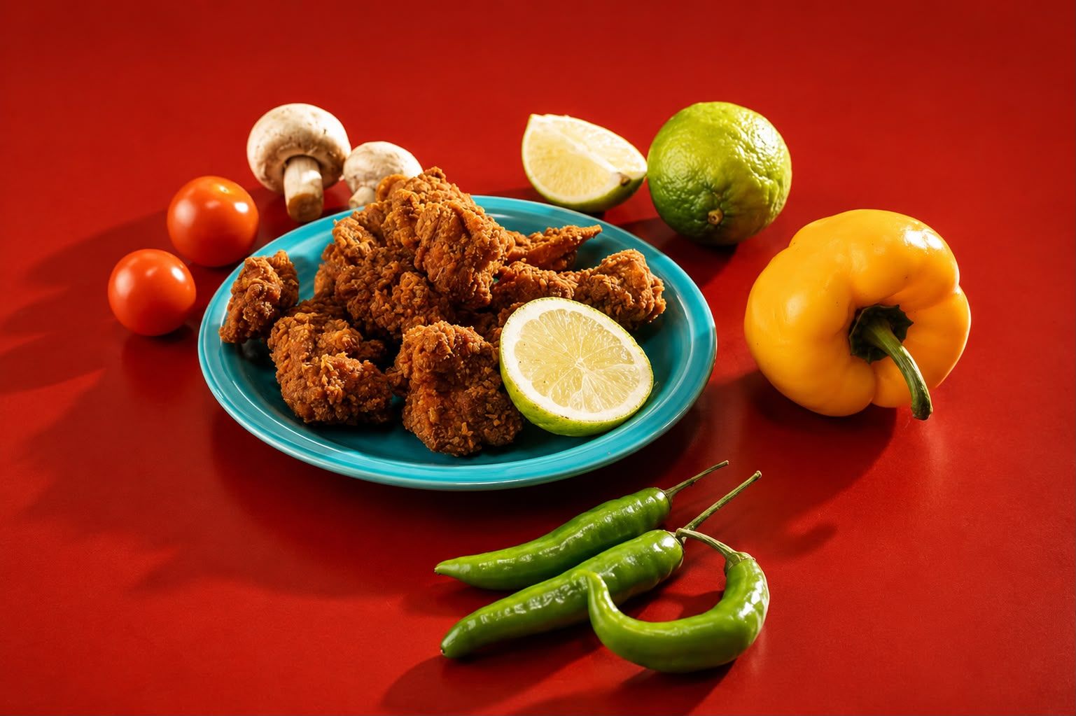 Crispy chicken pieces with a wedge of lime
